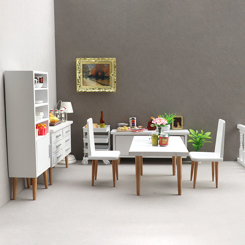 1:12娃娃屋dollhouse迷你家具餐厅微场景摆件白色现代桌椅柜子