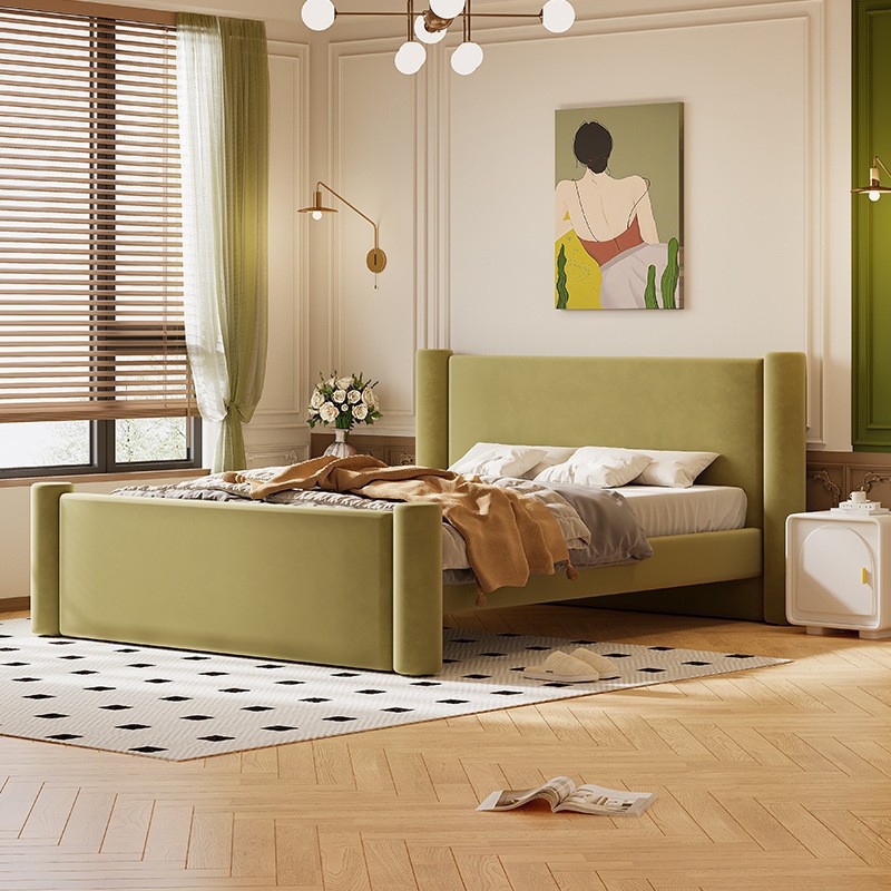 高级感现代简约美式公主主卧婚床高端轻奢软靠绒布奶油风实木床