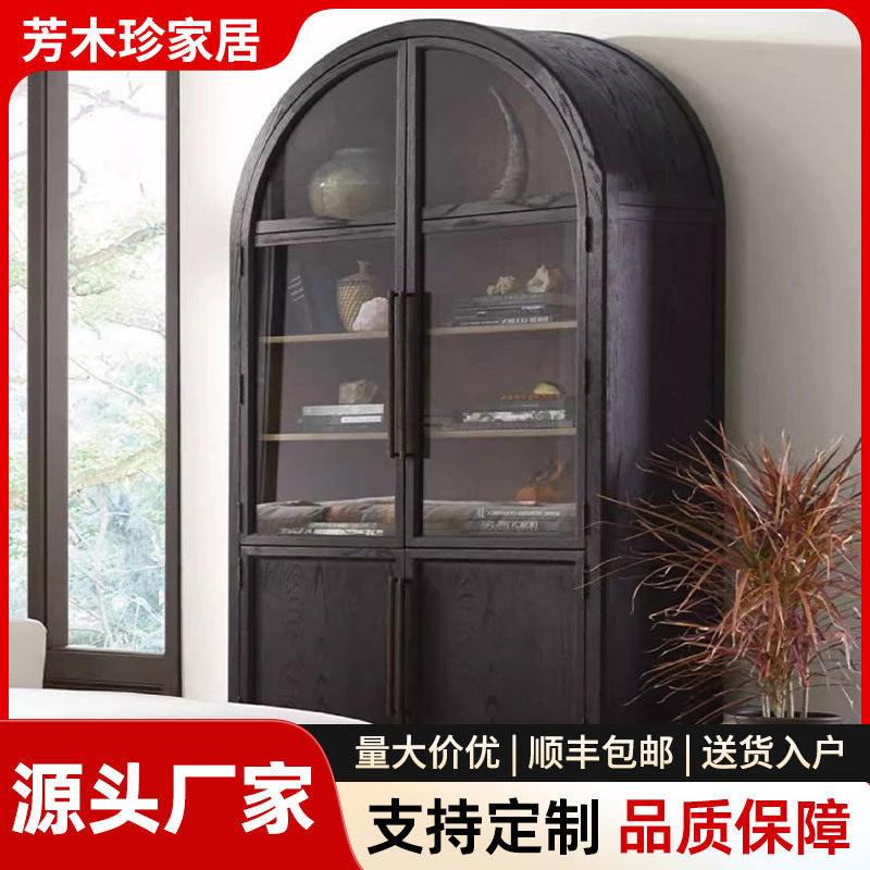 美式轻奢实木餐边酒柜黑色拱形玻璃门装饰书柜法式复古摆件展示柜