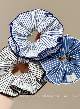 法式蓝色条纹大肠发圈女高级感扎头皮筋发绳慵懒风丸子头头绳发饰