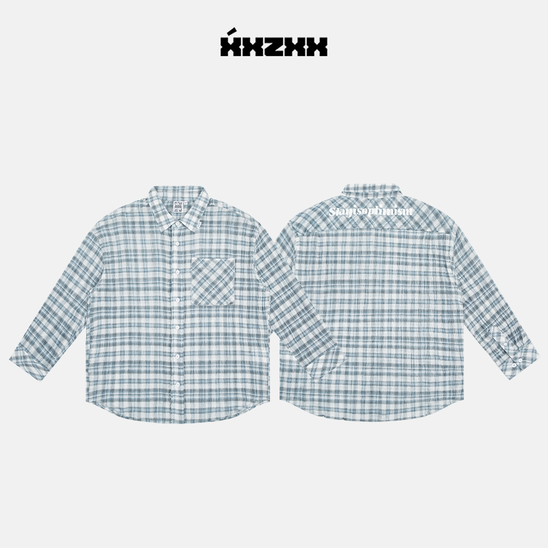 XXZXX潮牌字母印花格子长袖衬衫