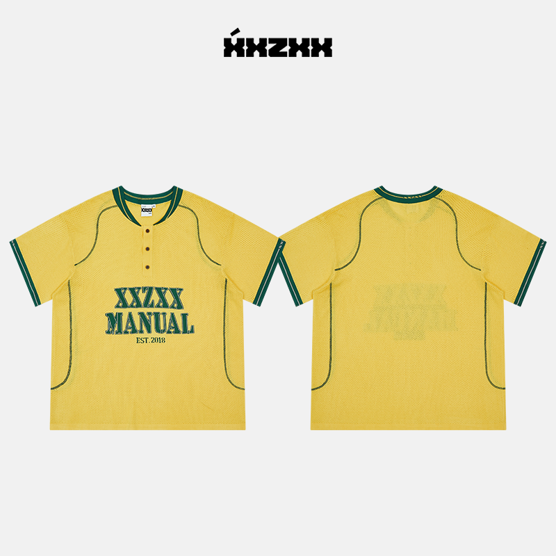 XXZXX网眼面料亨利领短袖T恤男女
