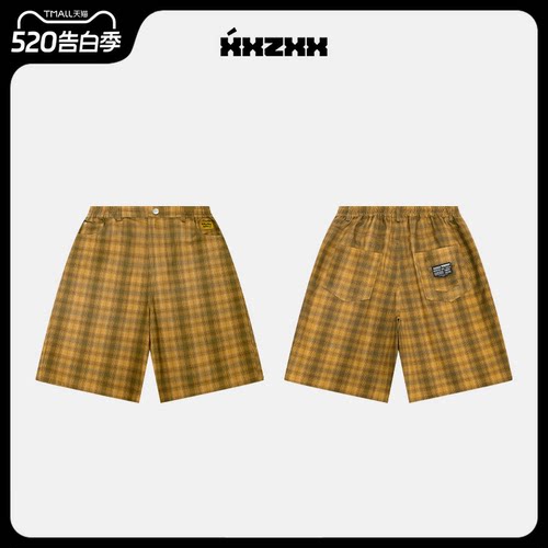 XXZXX潮牌格纹牛仔短裤男女宽松