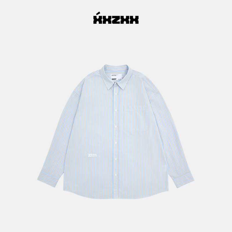 XXZXX潮牌条纹刺绣长袖衬衫男女