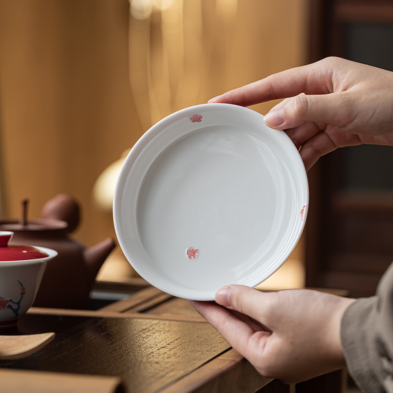 皓澜红釉堆绘梅花壶承陶瓷圆形干泡盘客厅家用盖碗底托茶道配件