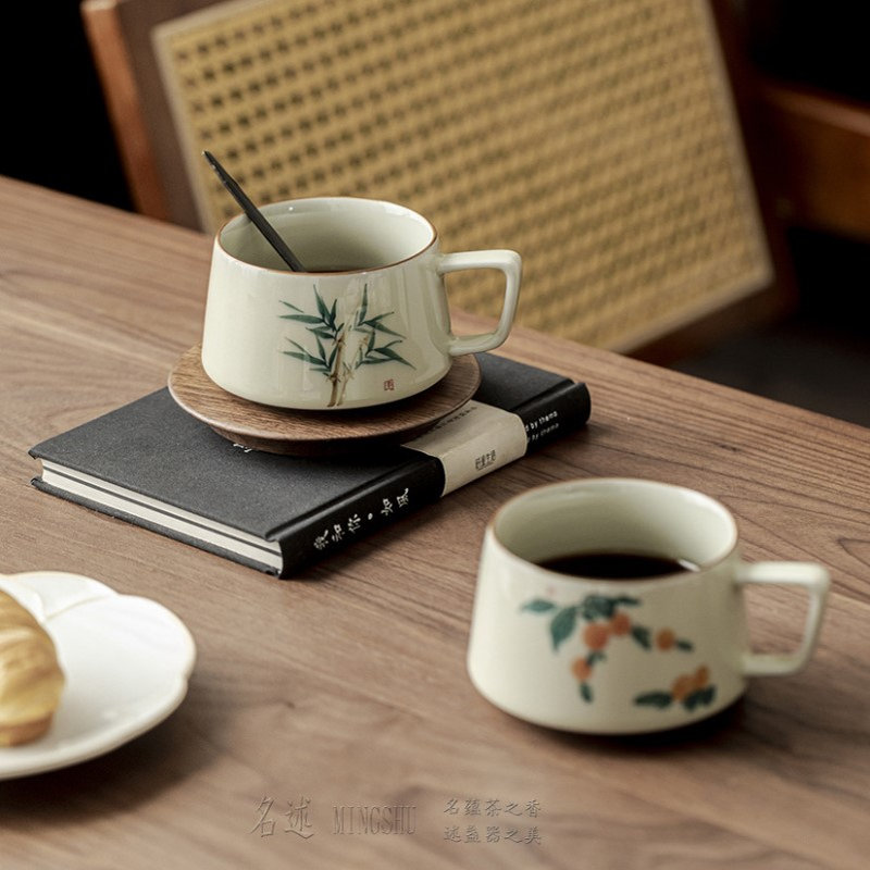 咖啡杯碟套装陶瓷手绘草木灰马克杯高档精致手冲拿铁拉花杯子托盘