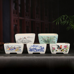 精品宜兴装饰彩绘花盆批发创意仿古抽角四方桌面阳台装饰YXCH20