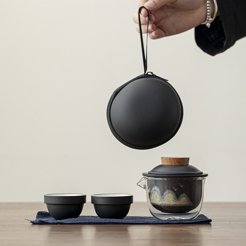 国潮手绘釉彩远山快客杯陶瓷旅行茶具一壶二杯户外便携式茶杯套装