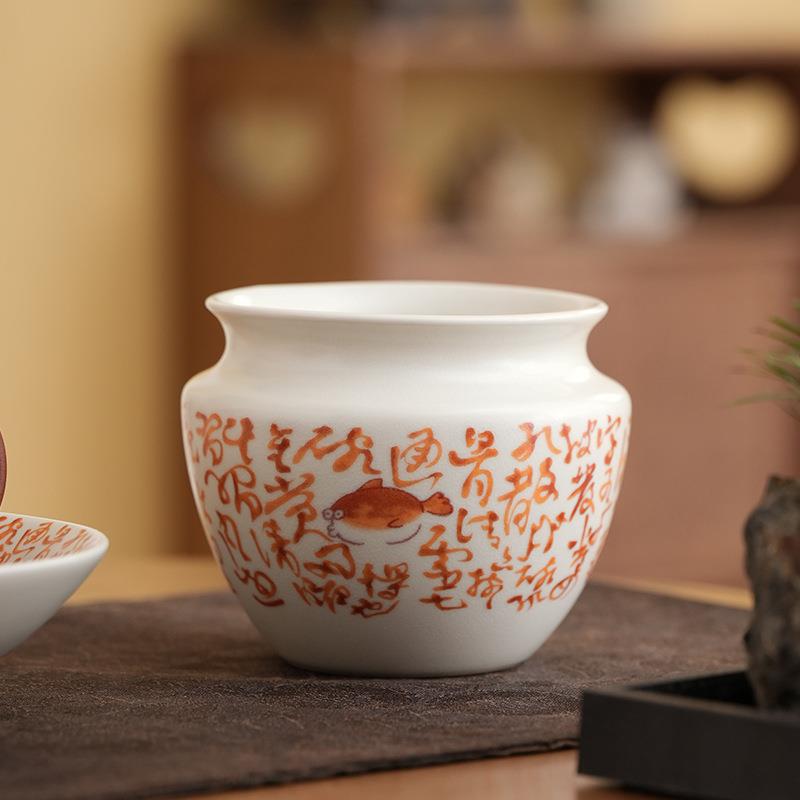爆款苏打釉桂鱼矾红建水茶洗陶瓷茶渣缸带盖茶盂水盂茶桌笔洗开片