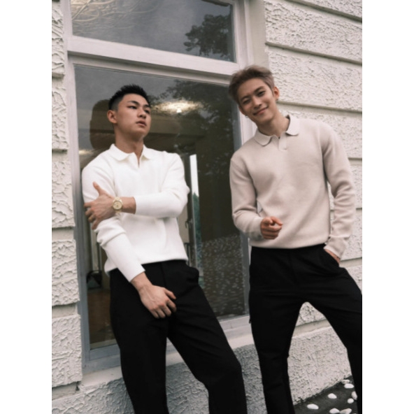 欧洲站美式重磅海鸥领14针54支双股毛衣老钱风长袖翻领针织衫保暖