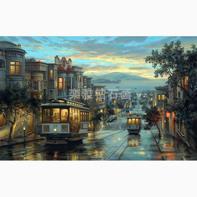 欧式风景客厅DIY方钻满钻钻石画海边街道黄O昏夜景手工贴钻十字绣,居家布艺,钻石绣,淘宝优惠券,粉丝福利购,淘宝优惠卷