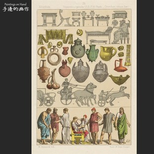 法国1890年古董木刻彩色石s印版画装饰/历史用具兵器/Griechen用