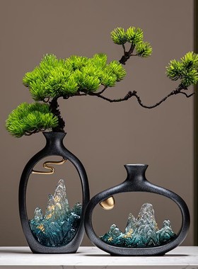 高档新中式迎客松花瓶摆件客厅新电视柜博古N架装品公室饰乔办迁