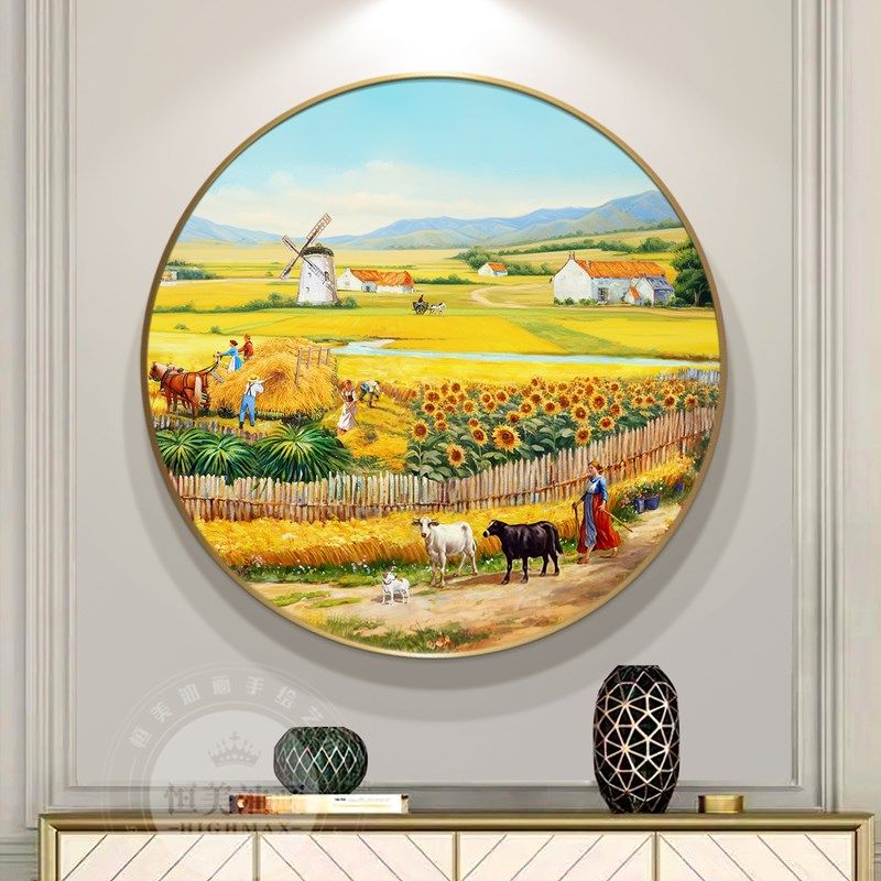 圆形丰收手绘油画风景装饰画高级感餐厅客厅Q挂画玄关柜壁画梵高,家居饰品,油画,淘宝优惠券,粉丝福利购,淘宝优惠卷