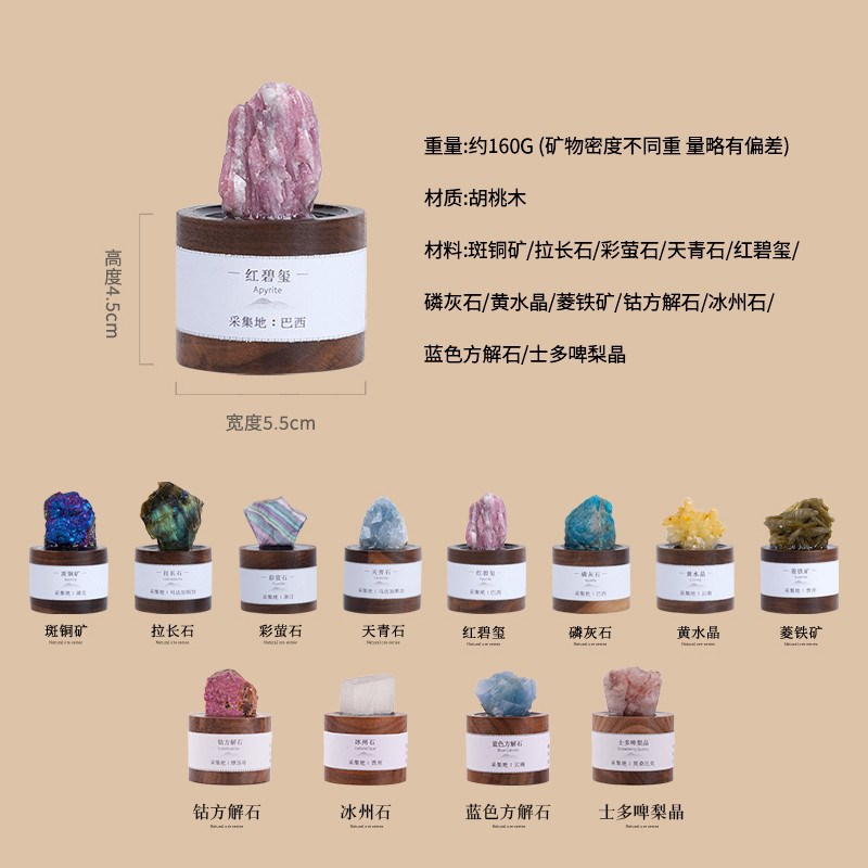 天然水晶矿石标本原石滴胶摆件胡桃木萤石矿物石头摆饰.宝石消磁