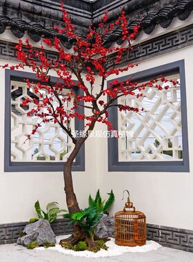 红色梅花树仿真腊梅花树冬季造景中E式园林庭院摆件酒店许愿树装