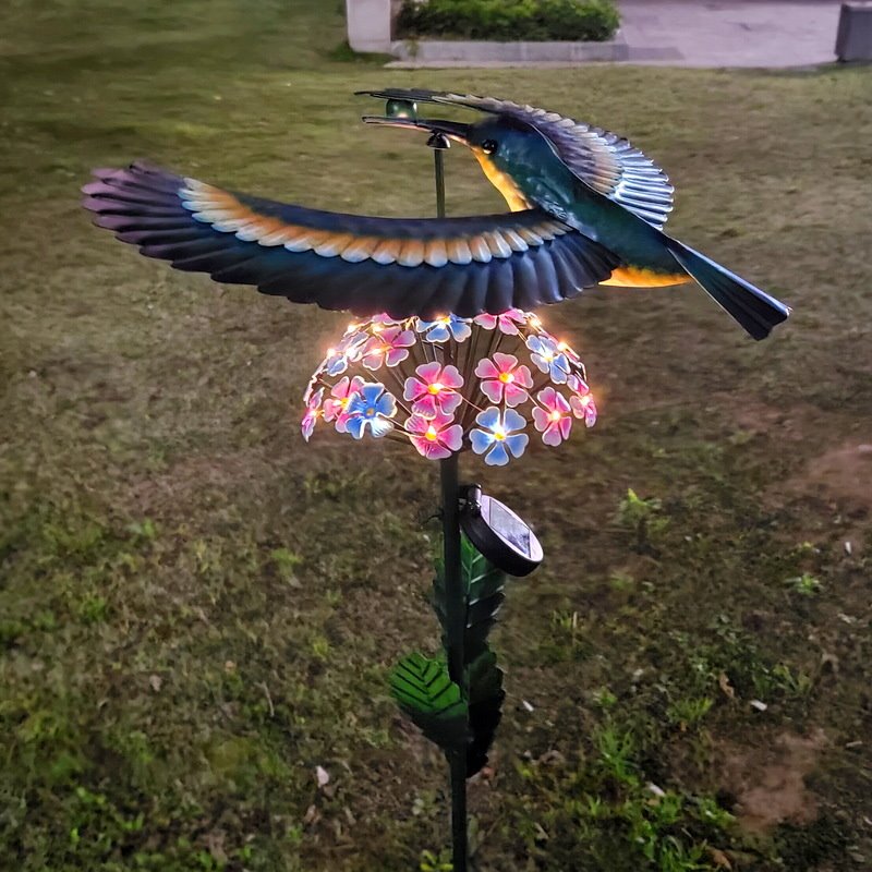 户外景观花园灯饰铁艺摆件风动小鸟旋转铁艺动物花朵落地组合插件