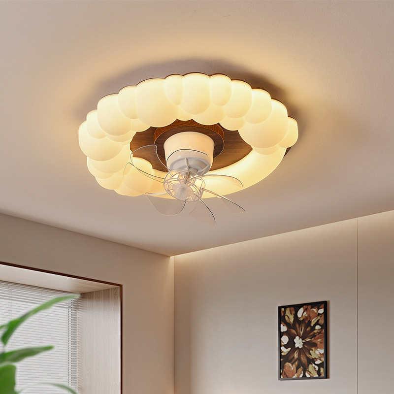 复古奶油风主卧室吸顶灯中古风实木可摇头隐形电扇吸顶简约风扇灯