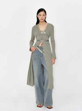 AVVENN豆绿色修身长款针织开衫腰带可拆卸AM30107511