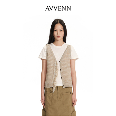 AVVENN压印皮牌流苏门襟串珠无袖背心 AK30702590