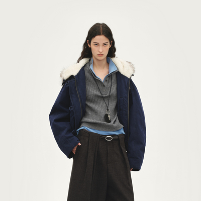 AVVENN大毛领水洗帆布短款牛角扣工装羽绒外套修身藏蓝AL90501844