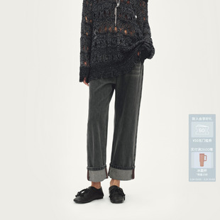 AVVENN腰带黑灰色宽松直筒九分牛仔裤 AL91302619