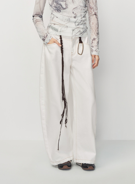 AVVENN配编织腰带细节高腰白色阔腿牛仔长裤AK11302614