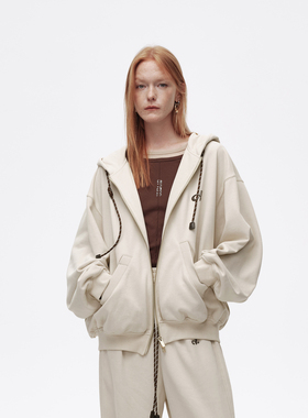 AVVENN设计师款腊洗工艺宽松版型白色帽绳连帽外套AL10110799