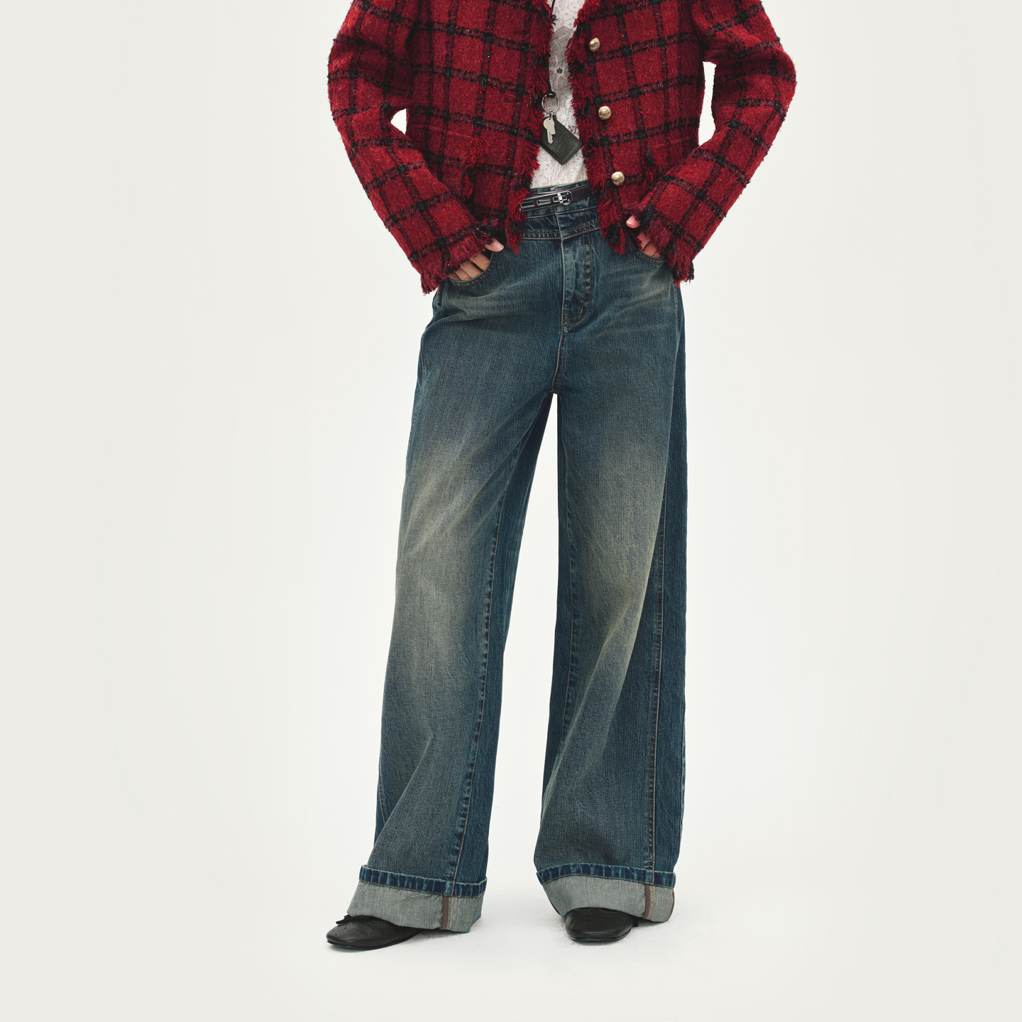 AVVENN配腰带直筒分割设计绣花裤脚翻边牛仔裤AL91302616