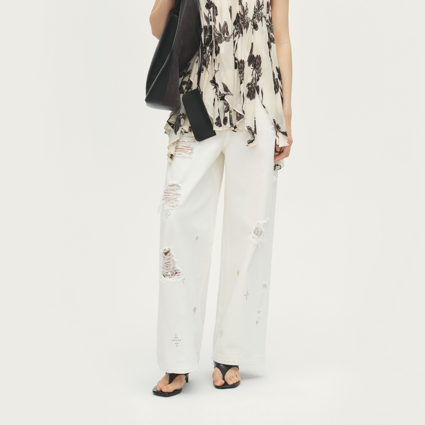 AVVENN设计师款直筒微阔磨破蕾丝拼接简约白牛仔裤AL71302608