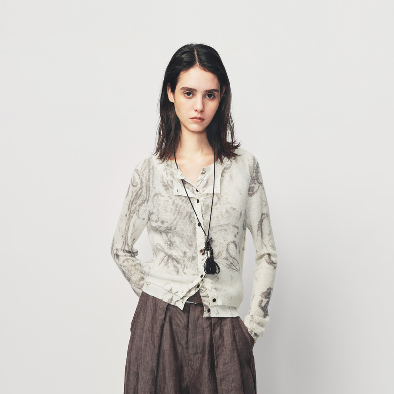 AVVENN【艺术家系列】假两件绑带造型主题印花针织开衫AK12801574