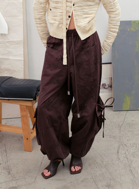 AVVENN镂空刺绣抽绳可调节立体袋阔腿长裤AK11301729