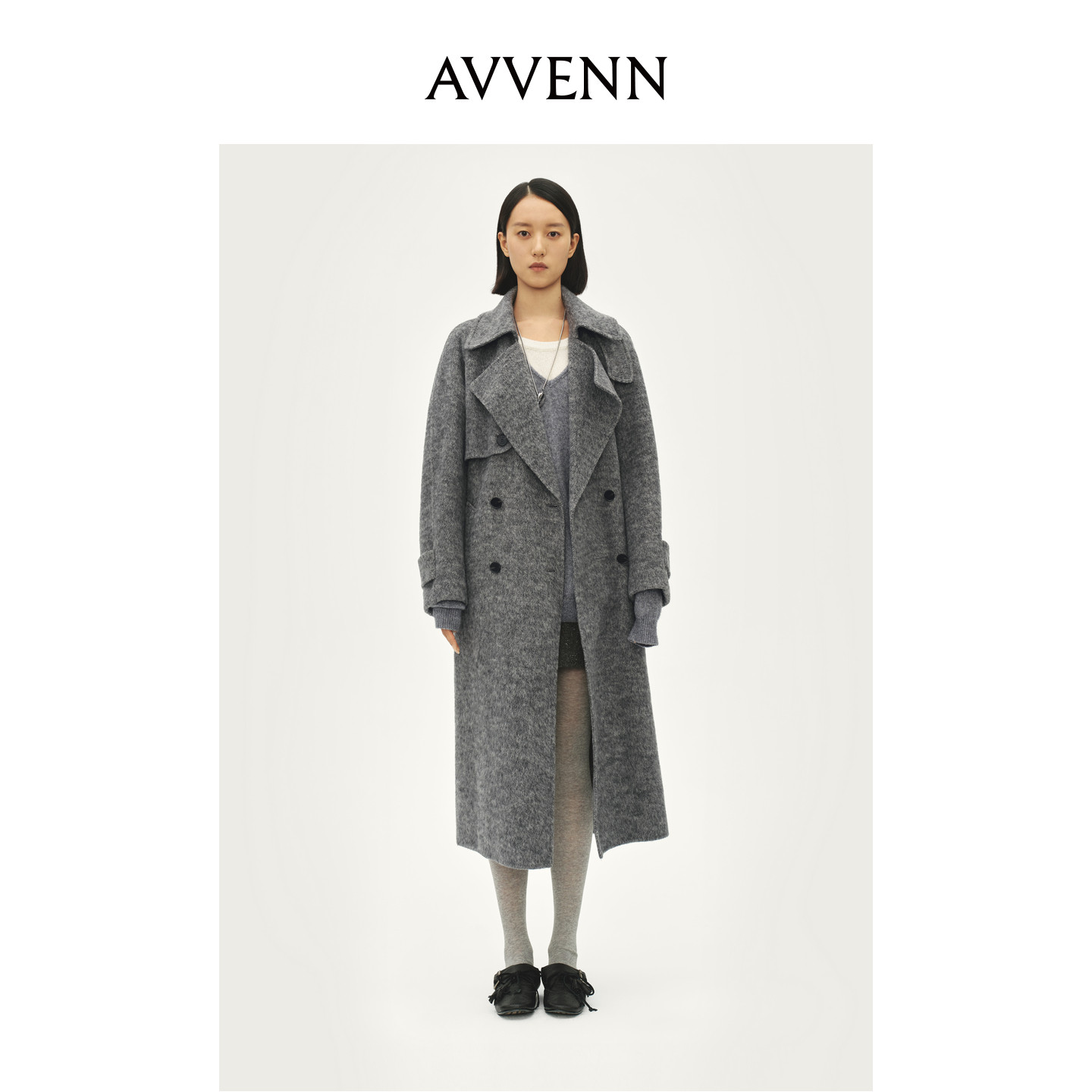 AVVENN双面呢浙变花灰色纹理翻领长大衣AL90303726