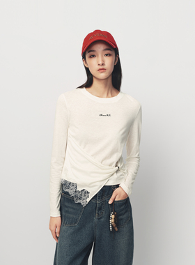 AVVENN拼接蕾丝绣花装饰修身长袖T恤AK11001522