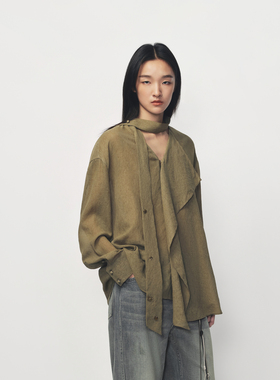 AVVENN透肤感钉珠飘带涉及木耳边格纹宽松衬衫AK10902685