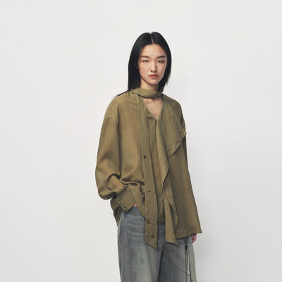 AVVENN透肤感钉珠飘带涉及木耳边格纹宽松衬衫AK10902685