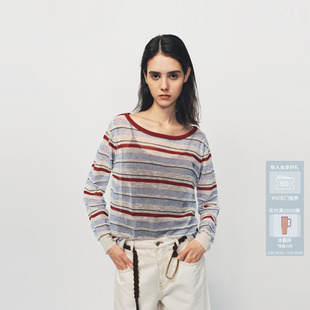 AVVENN撞色条纹真两件天丝亚麻混纺毛织长袖 上衣AK10601643