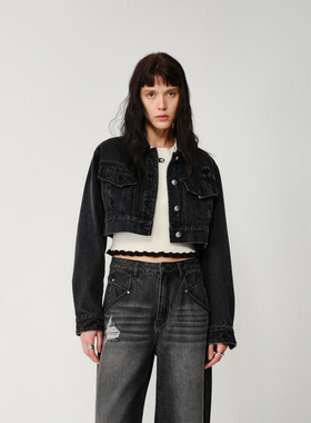 AVVENN春季截短式箱型百搭黑色水洗牛仔外套AM10109770