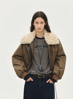 AVVENN可拆卸毛领短款羽绒工装外套下摆收口飞行员风AL90501557