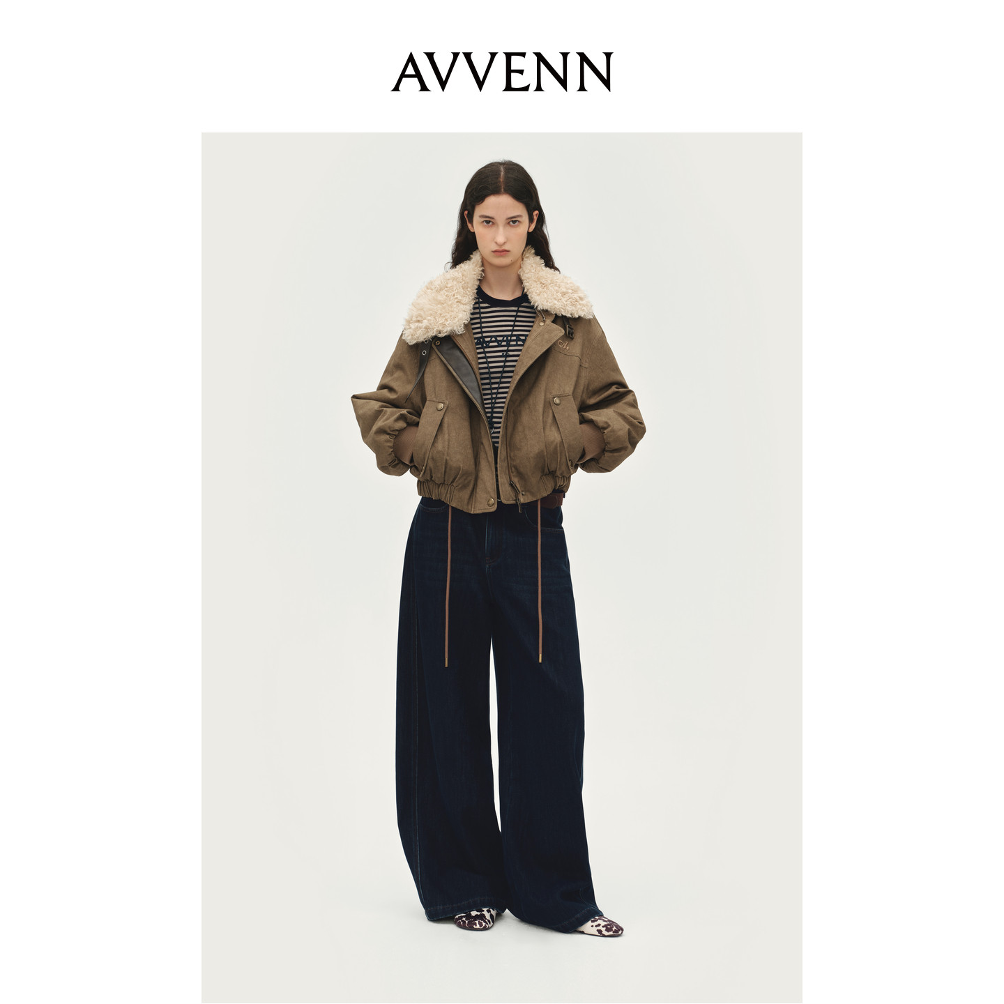 AVVENN可拆卸毛领短款羽绒工装外套下摆收口飞行员风AL90501557