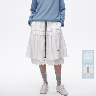 AVVENN设计师款 A字螺纹腰下摆蕾丝拼接半身裙AL11503742