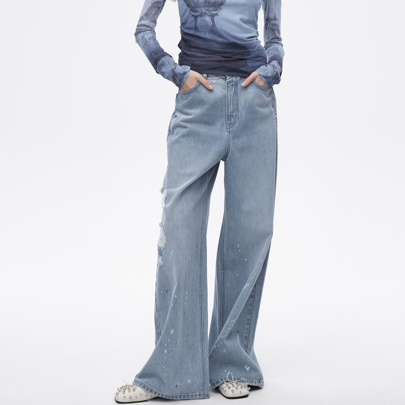 AVVENN设计师款经典舒适阔腿破洞休闲街头感牛仔裤AL11302578