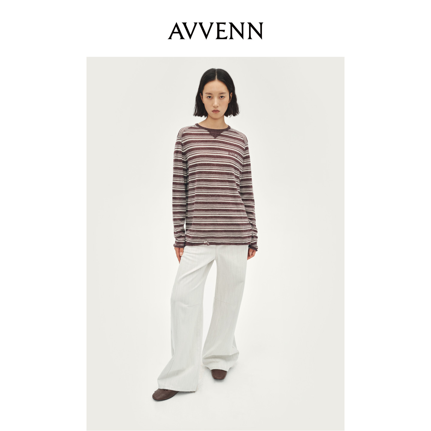 AVVENN圆领套头条纹羊毛毛衫微破洞宽松显瘦时髦内搭AL90601676