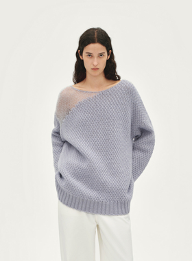 AVVENN肩部拼接纱宽松版灰紫色羊毛针织衫AL90601668