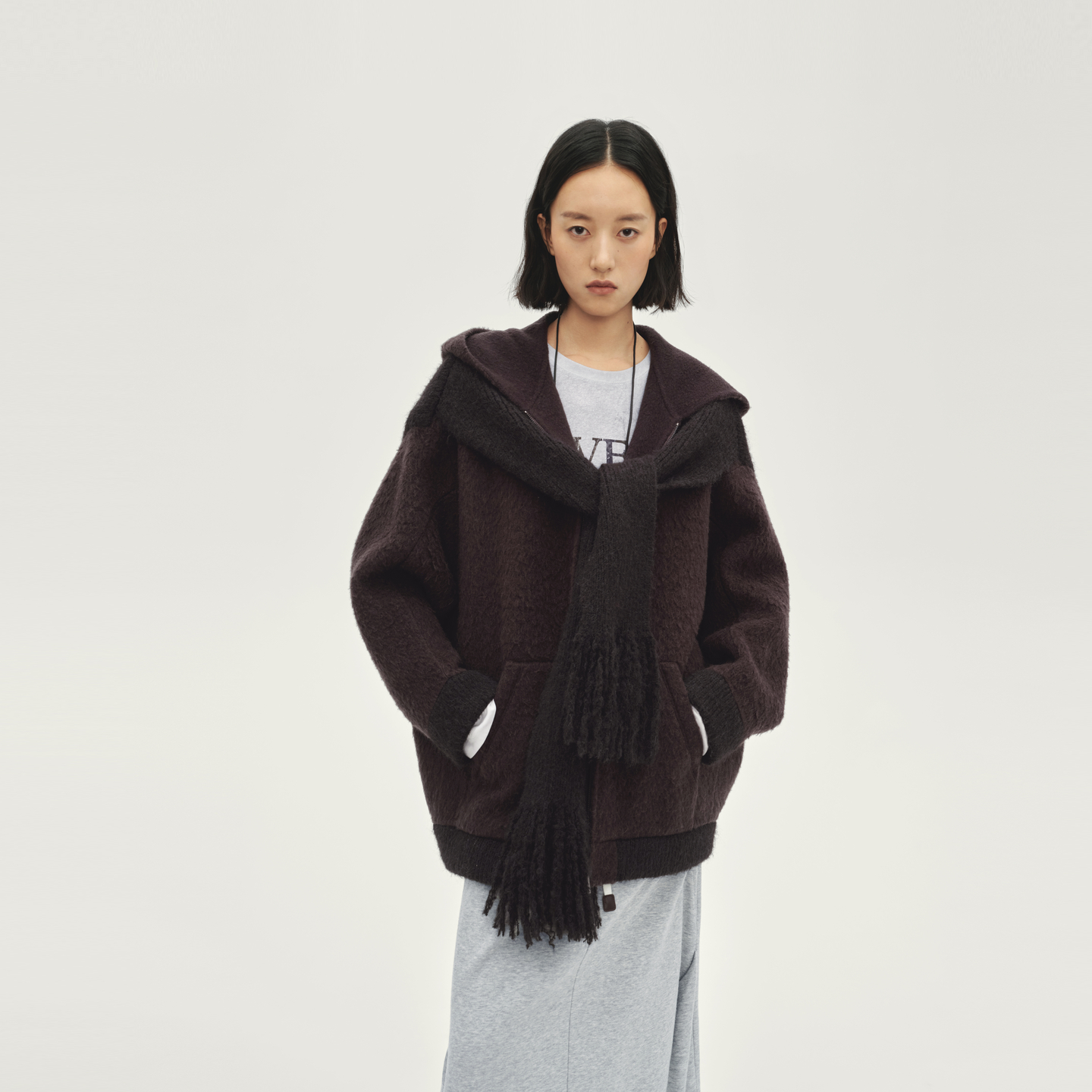 AVVENN羊毛马海毛毛衣连帽长开衫流苏下摆围巾造型感AL90302792