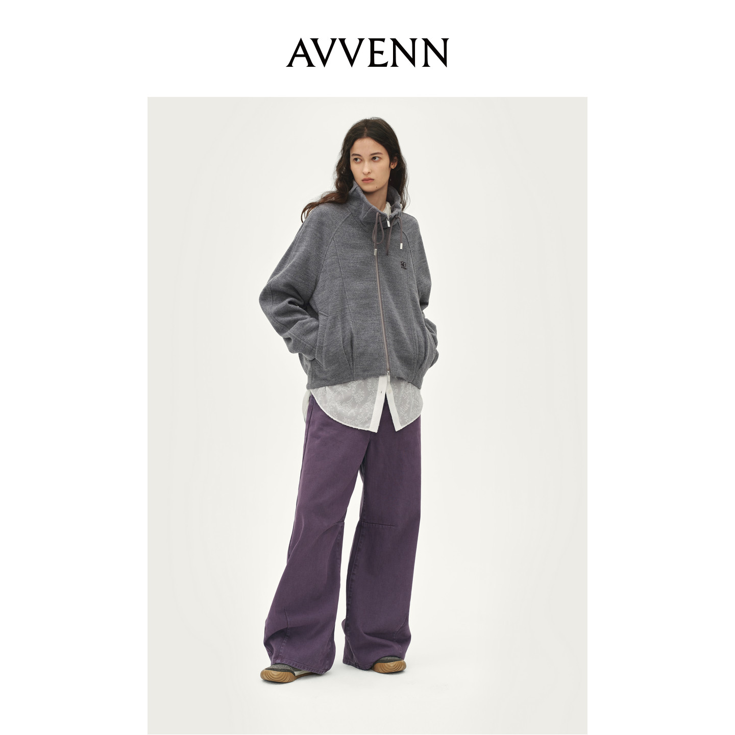 AVVENN运动风宽松立领针织毛呢短外套AL90105548