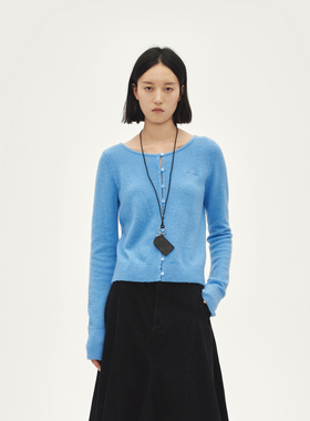 AVVENN圆领柔软后背镂空廓形蓝色针织开衫AL92801578