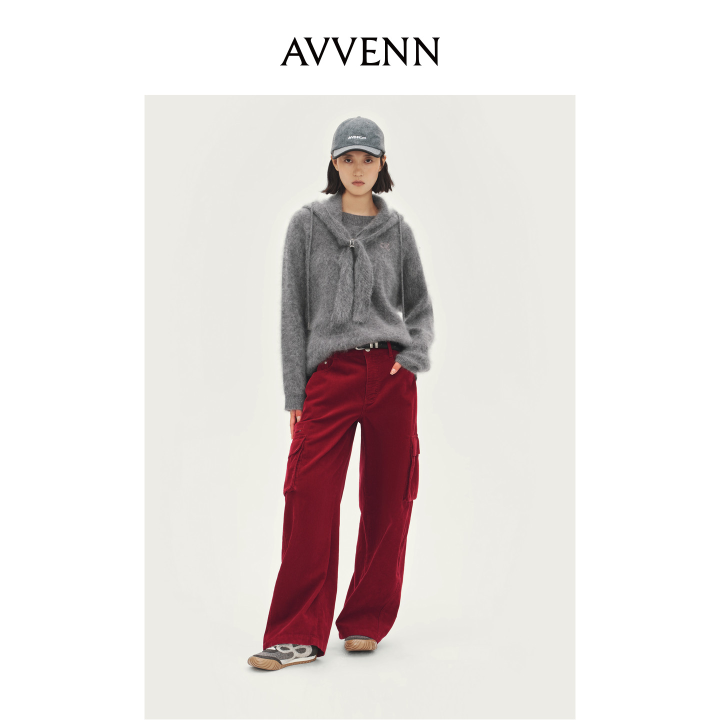 AVVENN连帽围巾造型感圆领刺绣毛织上衣AL90601653