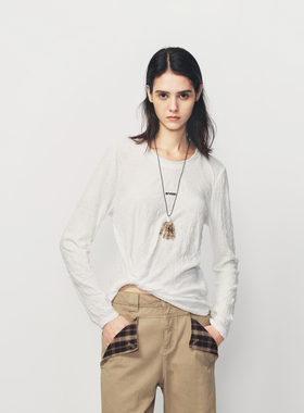 AVVENN褶皱肌理毛边细节不对称扭结修身长袖T恤AK11001520