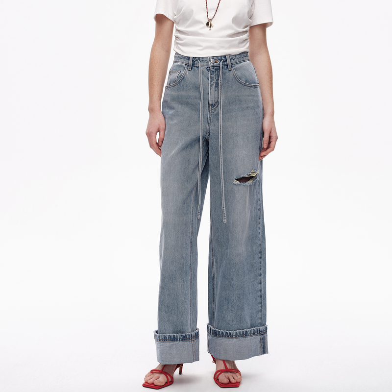 AVVENN设计师款脚口宽边翻折水洗蓝破洞宽松牛仔裤AL31302655